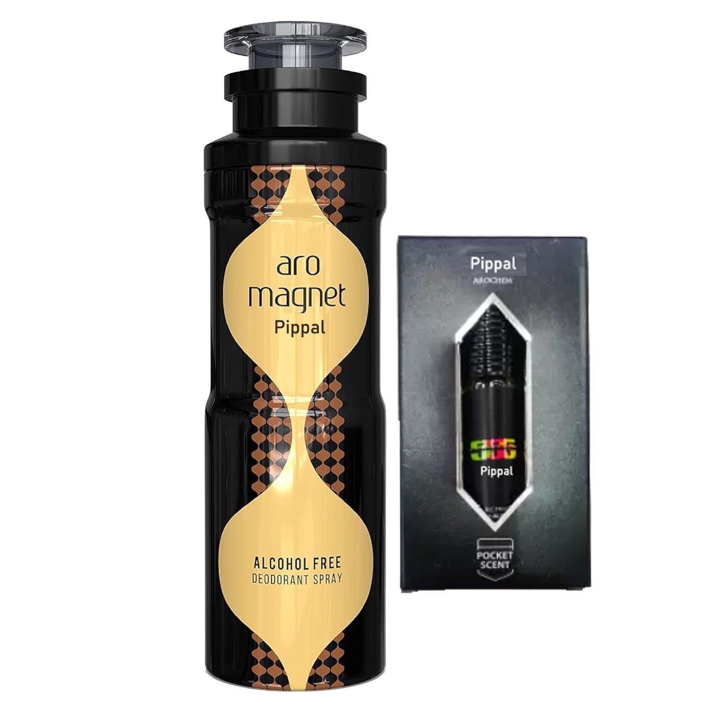 A 6255 Aro Magnet alcohol-free deodorant spray and 555 concentrated attar perfume in a 200ml spray bottle, displayed together.