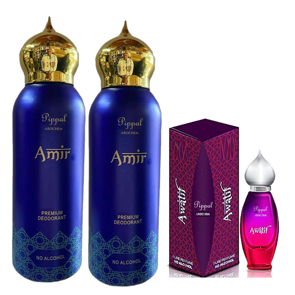 AMIR PREMIUM DEODORANT No Alcohol 200 Ml AWATIF 9 ML (Pack of 2)