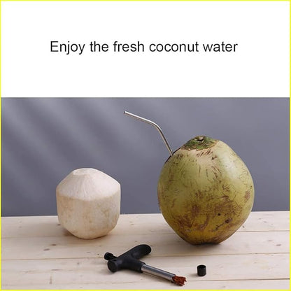 Stainless steel coconut opener with drill cutter and cleaner stick, designed for opening coconuts and inserting straws.