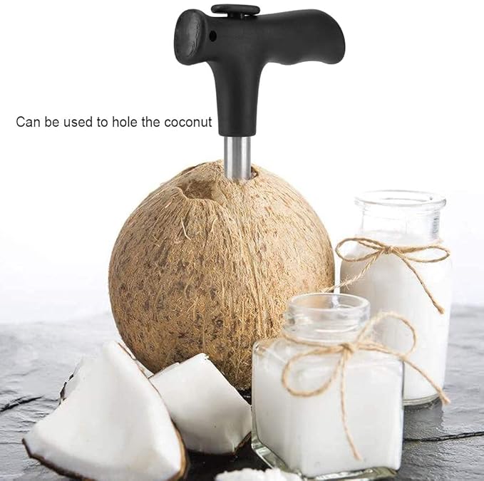 Stainless steel coconut opener with drill cutter and cleaner stick, manual coconut opener tool for easy coconut opening.