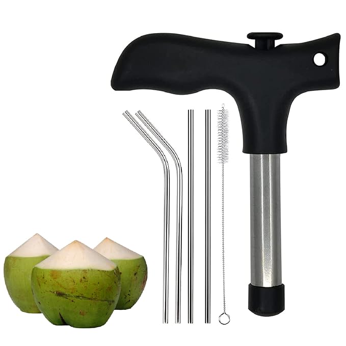Stainless steel coconut opener drill cutter with cleaner stick, manual coconut opener tool for easy shell removal and straw insertion.