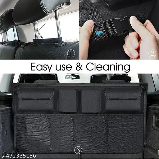 Car trunk organizer with 8 large waterproof storage bags and mobile holder, designed for backseat and trunk organization.