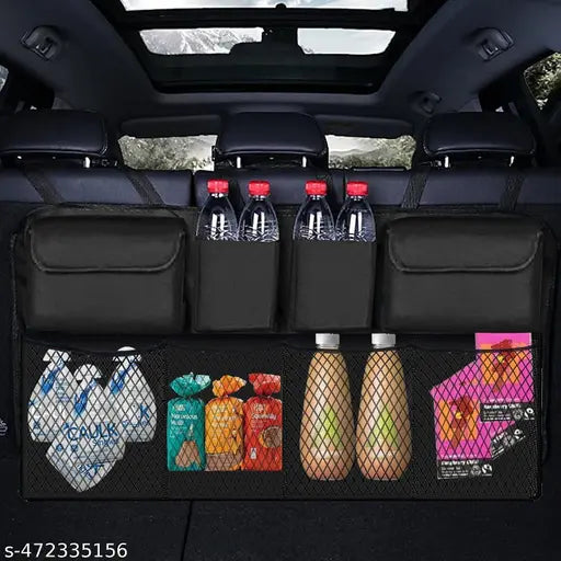 Car trunk organizer with multiple storage bags, waterproof backseat hanging organizer for mobile devices and car essentials.