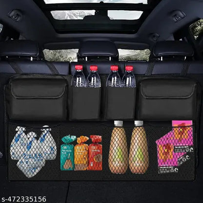 Car trunk organizer with multiple storage bags, waterproof backseat hanging organizer for mobile devices and car essentials.