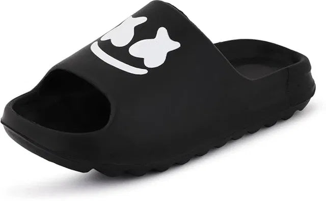 Black Smile Slides by 1765, comfortable black slippers with a smile design on the straps, perfect for casual wear.