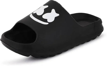 Black Smile Slides by 1765, comfortable black slippers with a smile design on the straps, perfect for casual wear.
