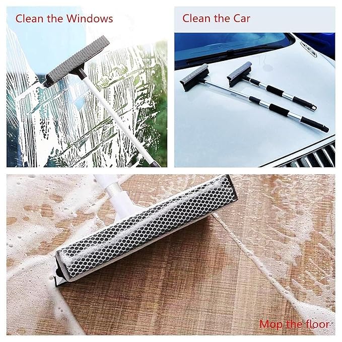 Car window cleaning mop with extendable handle, dual-side rubber and sponge brush for auto glass cleaning.
