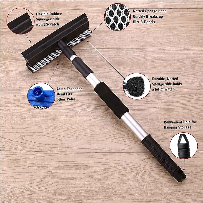 18052 2-in-1 car window cleaning mop with extendable handle, dual-side blade, rubber, and sponge for auto glass cleaning.