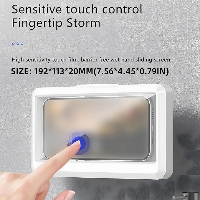 Blue waterproof shower phone holder by 18279, wall-mountable anti-fog case supports 6.8-inch touchscreens in bathroom.