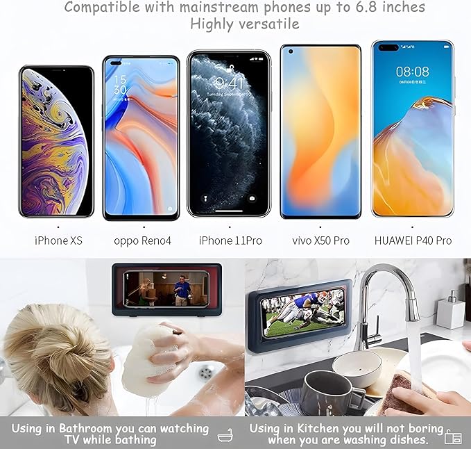 Blue waterproof shower phone holder from 18279, wall-mountable anti-fog case supports 6.8-inch touch screens for bathroom use.