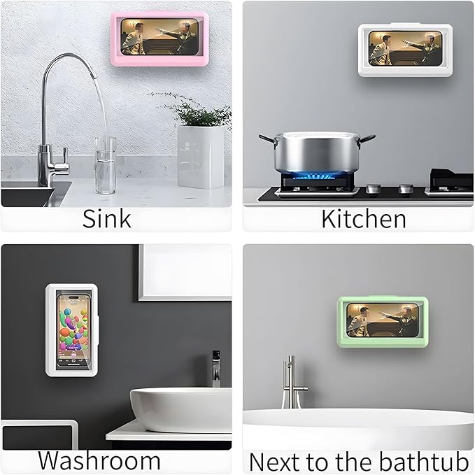Blue waterproof shower phone holder by 18279, wall-mountable anti-fog case for 6.8-inch touch screen mobile phones in bathroom.