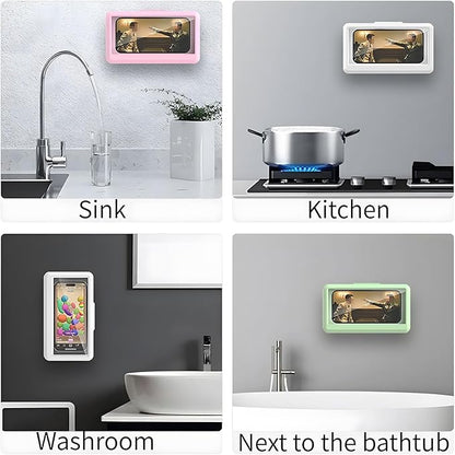 Blue waterproof shower phone holder by 18279, wall-mountable anti-fog case for 6.8-inch touch screen mobile phones in bathroom.