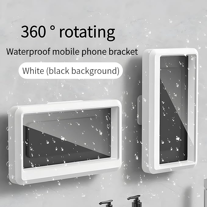 Blue waterproof shower phone holder by 18279, wall-mountable anti-fog case for 6.8-inch touchscreen mobile phones in bathroom.