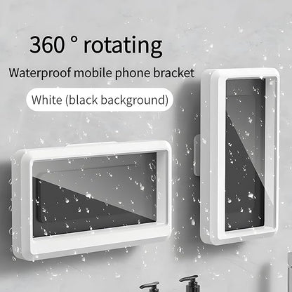 Blue waterproof shower phone holder by 18279, wall-mountable anti-fog case for 6.8-inch touchscreen mobile phones in bathroom.