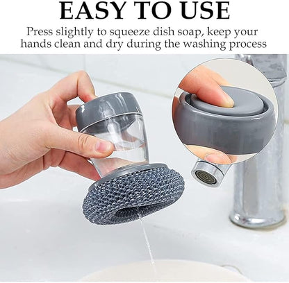 Soap dispensing dish brush with built-in liquid storage, press handle, and lid for cleaning dishes in the kitchen.