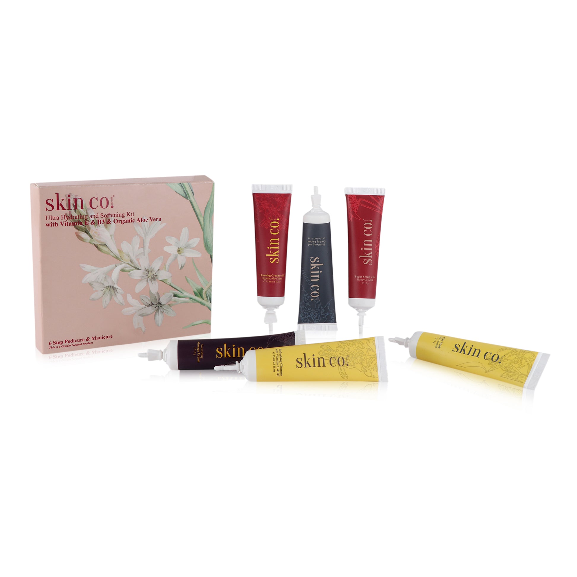 Skin Co. NYC Ultra Hydrating Pedicure and Manicure Spa Kit with colorful facial products for soft, hydrated skin.
