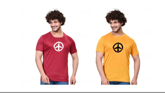 Pack of two men's cotton blend round neck printed T-shirts in maroon and yellow, size S, from 18594.
