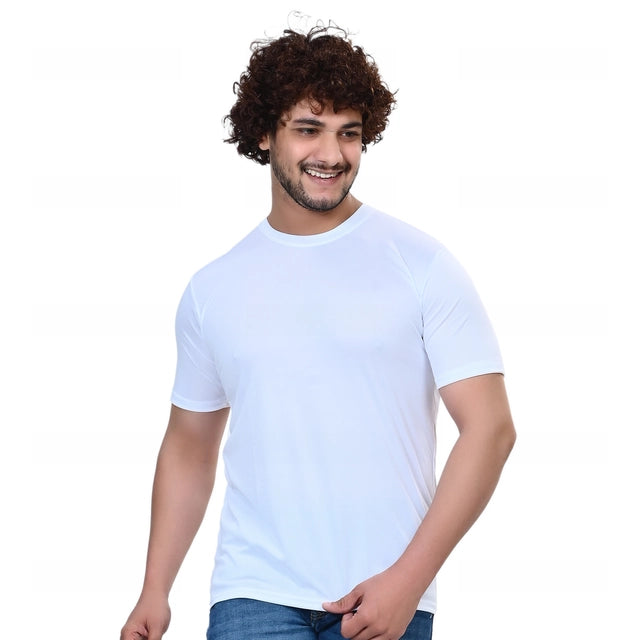 White men's round neck solid T-shirt from 18594, casual fit, soft fabric, short sleeves, size small.