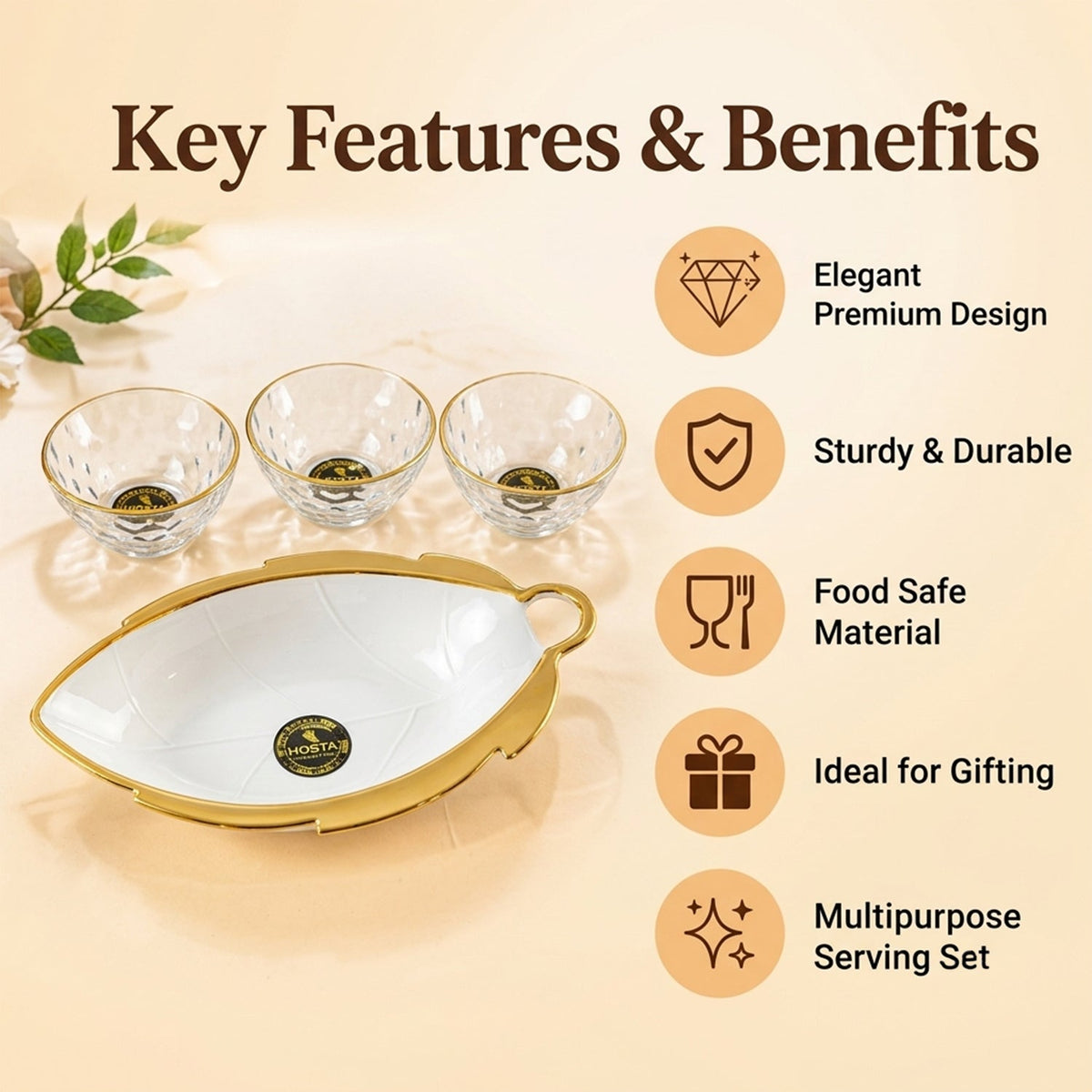 Glass Bowl  Leaf Platter Gift Set For Dry Fruits  Snack Serving (5 In 1)