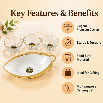 Glass Bowl  Leaf Platter Gift Set For Dry Fruits  Snack Serving (5 In 1)