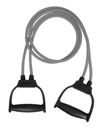 Grey premium double toning tube resistance band with heavy grip for workout exercises, suitable for men and women.