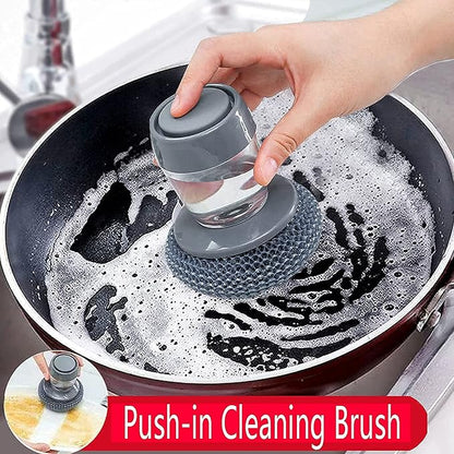 Soap dispensing dish brush with built-in liquid storage and lid, ideal for kitchen dishwashing and cleaning pots.