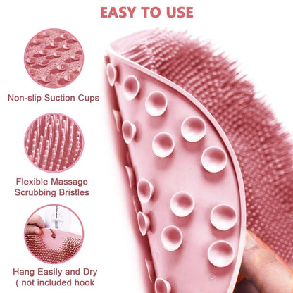 Silicone multiuse scrubber for bath and foot, body scrubber and brush, pink textured surface for gentle cleaning.