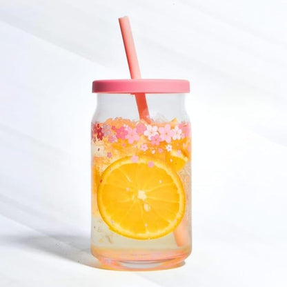 Pink Flower Glass Cup with Wooden Lid, Glass Straw - Beer Shaped, 400ML Iced Coffee Drinking Glasses, Cute Glass Cup for Smoothies, Boba Tea, Whiskey, Water