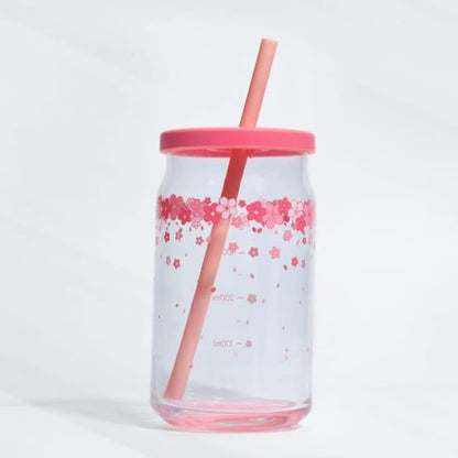 Pink Flower Glass Cup with Wooden Lid, Glass Straw - Beer Shaped, 400ML Iced Coffee Drinking Glasses, Cute Glass Cup for Smoothies, Boba Tea, Whiskey, Water