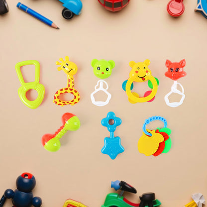 Wukusy baby rattle toy collection for infants, 8-piece set with colorful plastic rattles and soft plush toys for babies.