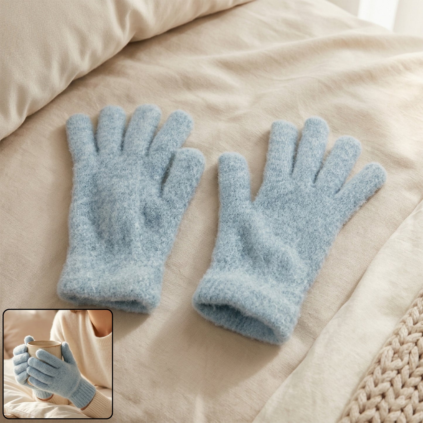 Pair of Wukusy ultra soft fleece winter gloves for men and women, shown in black with ribbed cuffs and cozy fleece lining.