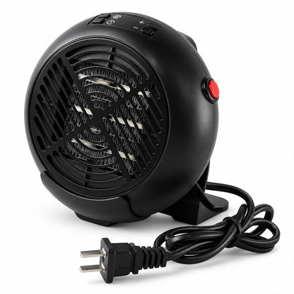 Wukusy compact electric room heater with temperature and timer controls, featuring a silver finish and dual plug pins for versatile use