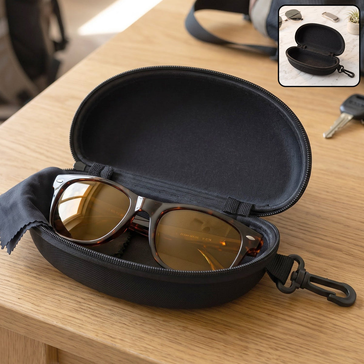 Zipper Hard Shell Sunglasses Case With Clip For Secure Travel Protection (1 Pc)
