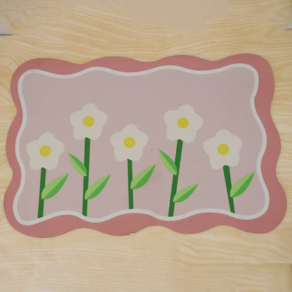 Wukusy decorative floral bathroom floor mat with wavy border design, 59x40 cm, featuring colorful floral patterns on soft fabric.