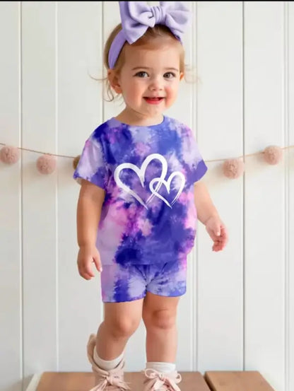 Kids Tie-Dye Heart Print Summer Set  Purple & Pink Tie-Dye T-Shirt and Shorts Set