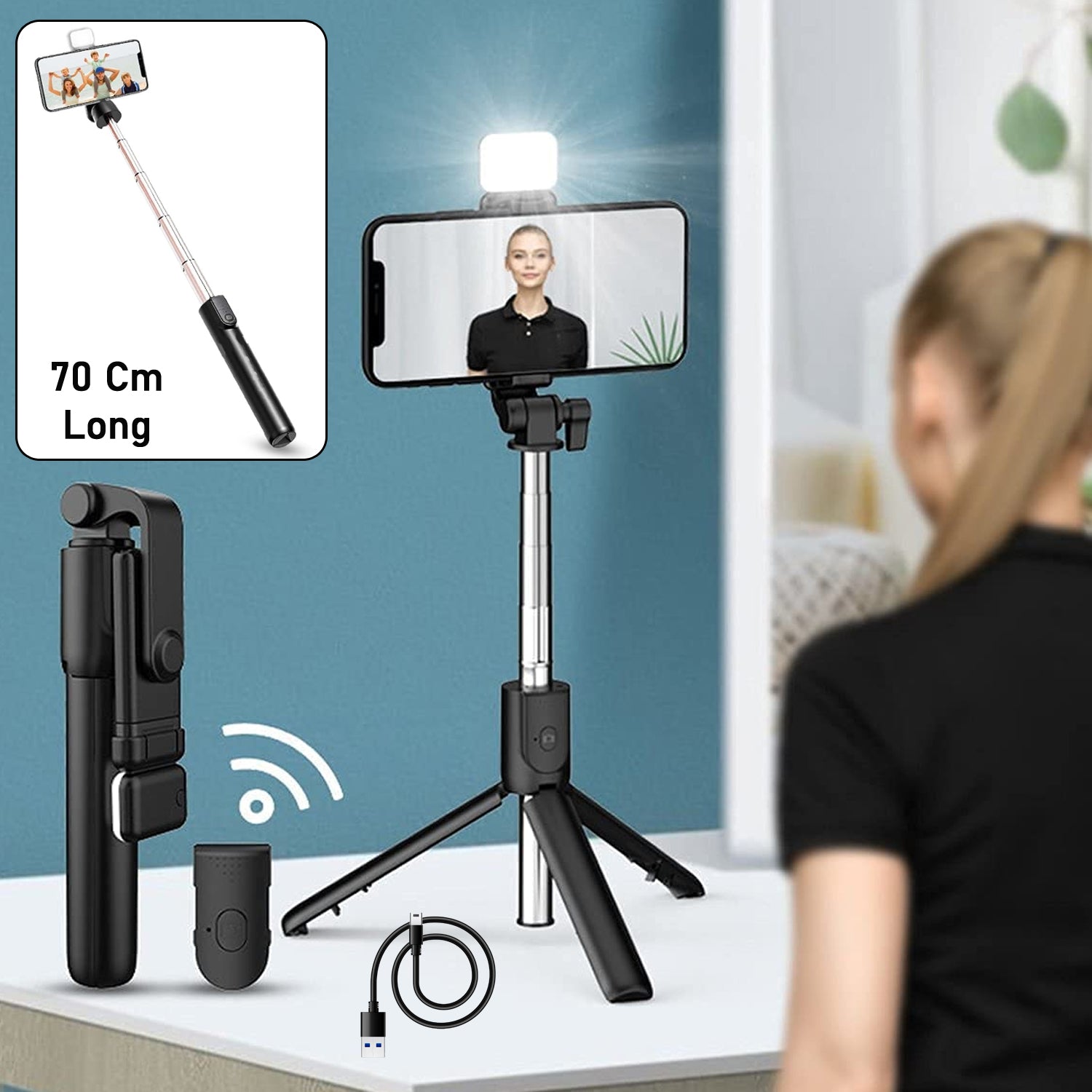Wukusy 3-in-1 wired selfie stick with extendable handle, 70 cm long, showing adjustable length and smartphone clamp attachment.