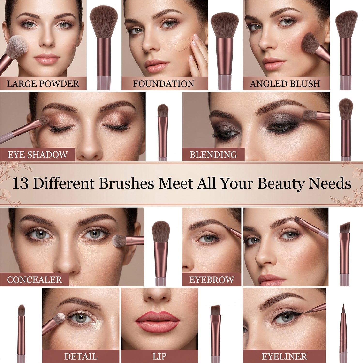 Wukusy professional makeup brush set with 13 soft synthetic brushes and a pouch, suitable for precise makeup application.