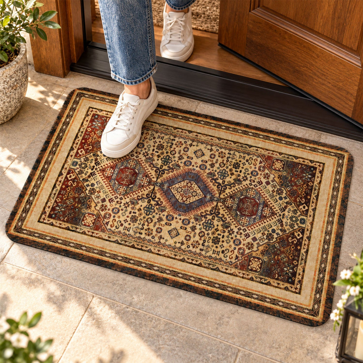 Wukusy traditional print decorative floor mat for home entryway, 57x38 cm, featuring intricate patterns in natural tones.