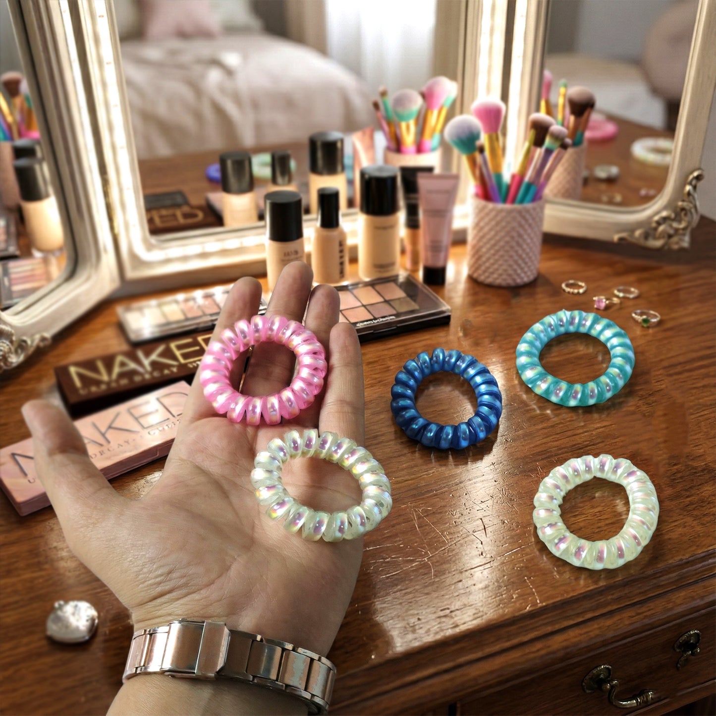 Soft Stretchable Telephone Wire Style Hair Bands Set (5 Pc Mix Color)
