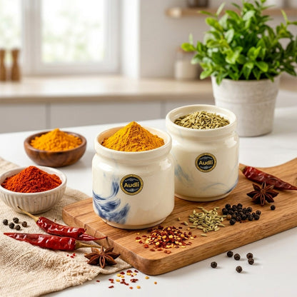 Ceramic Storage Jar Set With Lids For Tea Sugar And Kitchen Spices (2 Pc)