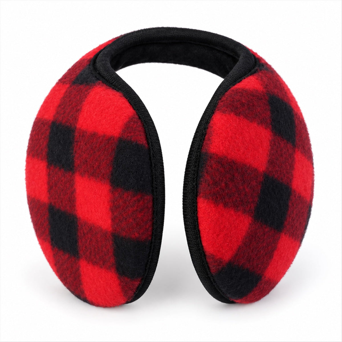 Wukusy check pattern winter ear muffs with behind neck band, cozy and warm for daily cold weather wear, close-up view