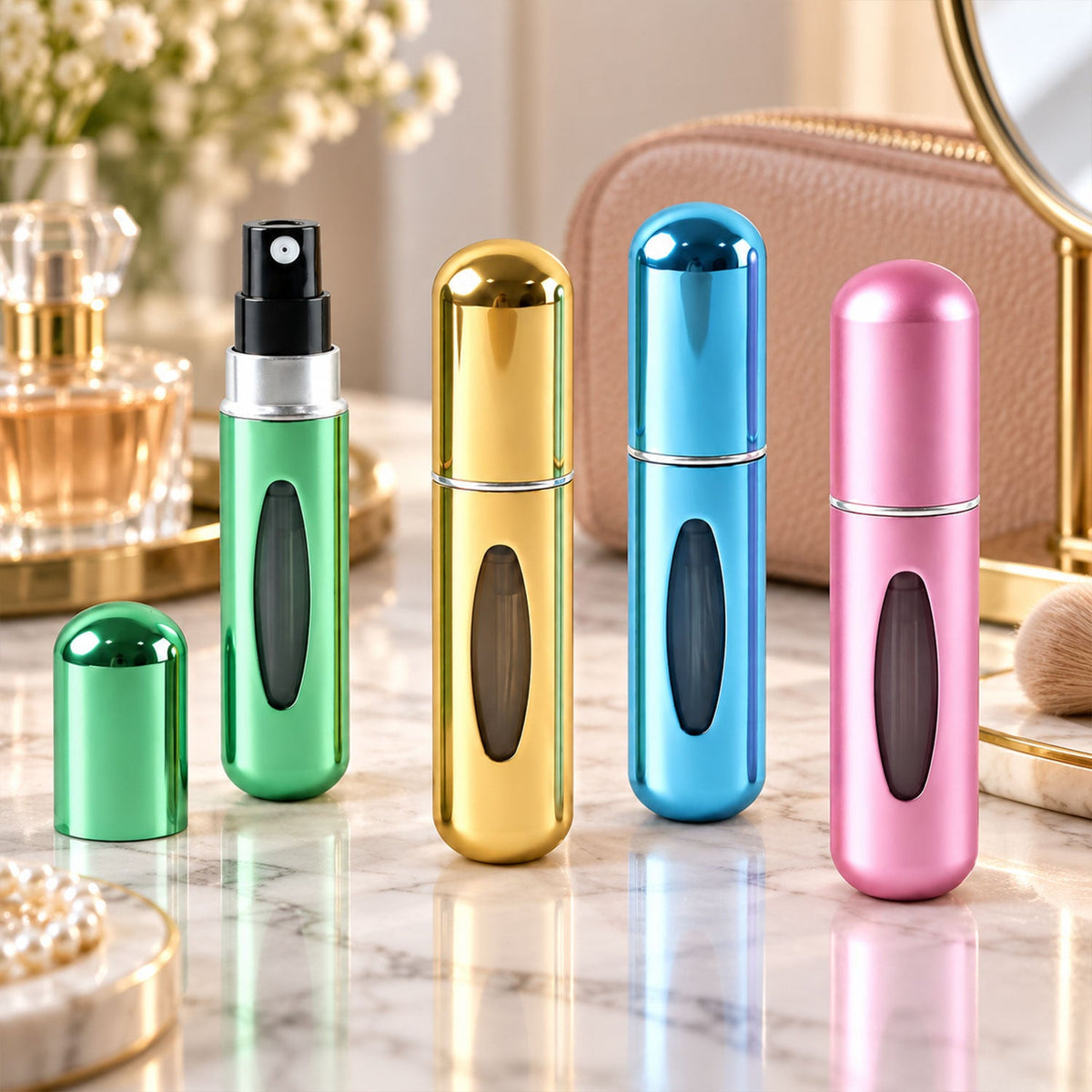 Set of four Wukusy mini refillable perfume spray bottles with refill valves for travel and convenience.