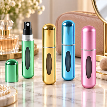 Set of four Wukusy mini refillable perfume spray bottles with refill valves for travel and convenience.