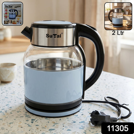 Wukusy Suta electric glass kettle with 2L capacity, stainless steel body, hot water boiler for tea, on a kitchen countertop