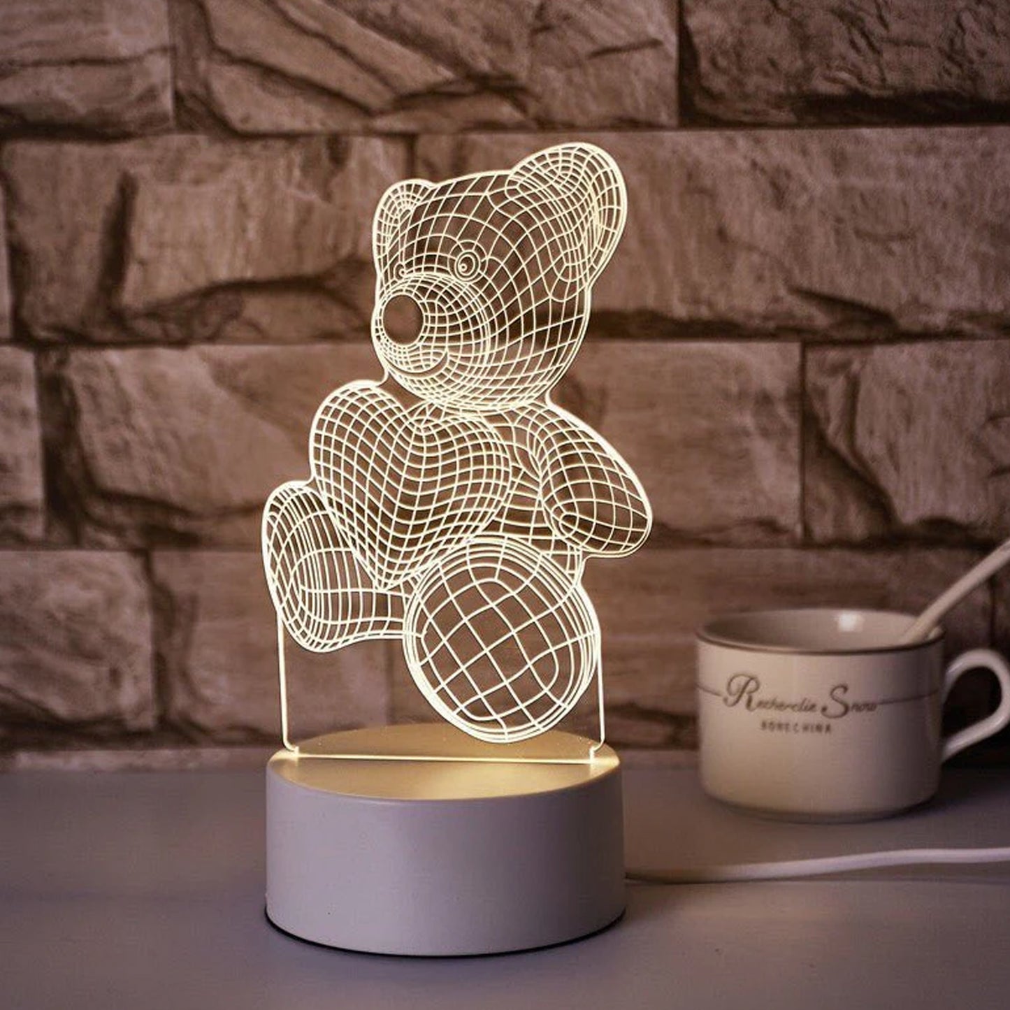 Wukusy 3D Teddy Bear LED night lamp with heart design, soft glow, and cute plush appearance, perfect for children's bedroom decor.