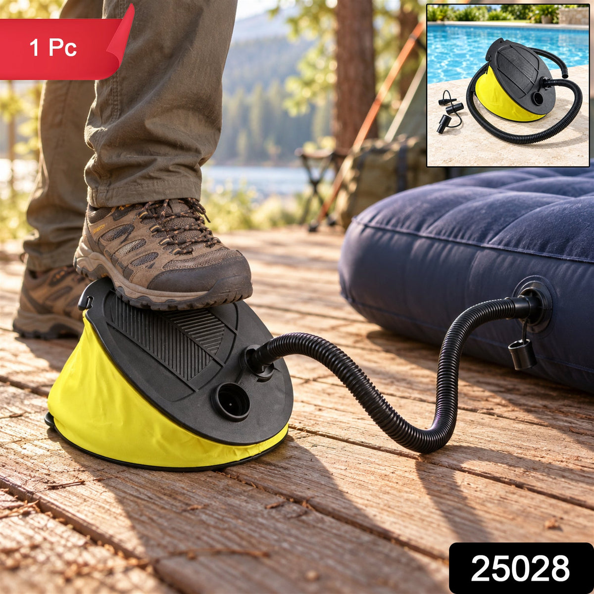 Wukusy manual foot air pump with flexible hose and nozzles, used for inflating pool floats and air beds.