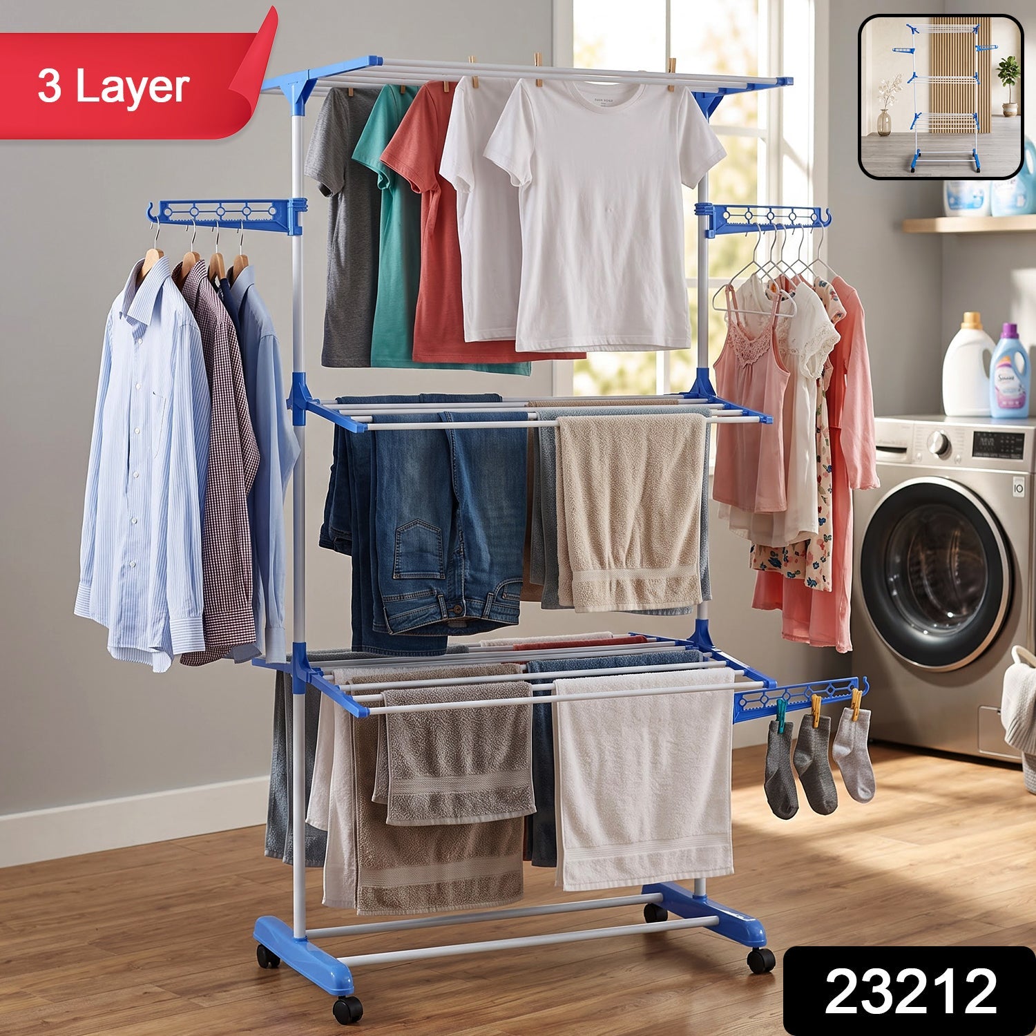 3 Layer Foldable Clothes Drying Stand With Wheels For Home And Balcony Use (1 Pc)