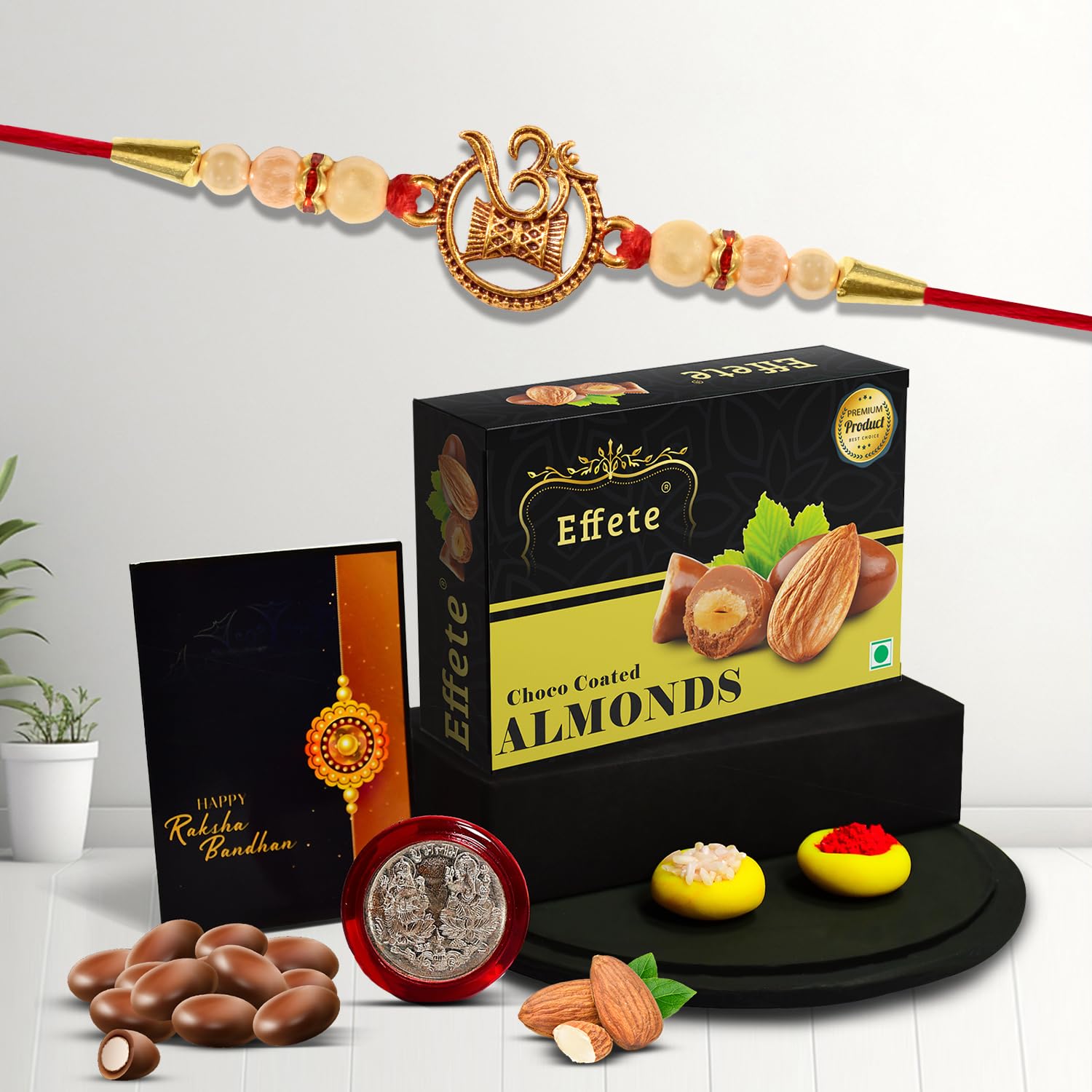 Rakhi For Brother Set Of 1 With Chocolate Almonds 32gm  Shiva Damru Rakhi  Premium Rakhis (K1_414_ca32)
