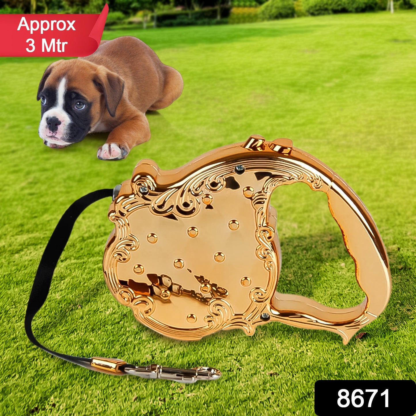 Wukusy retractable telescopic belt rope for cats, golden color, 3 meters, ideal for home pet containment and training.