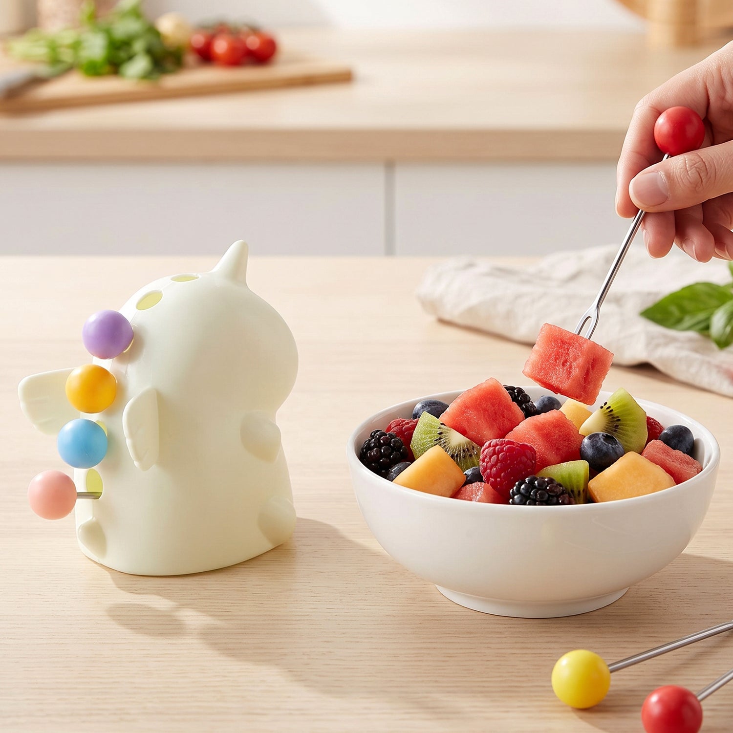 Cartoon Dinosaur Fruit Fork Set With Storage Case Stand For Kids (1 Set)